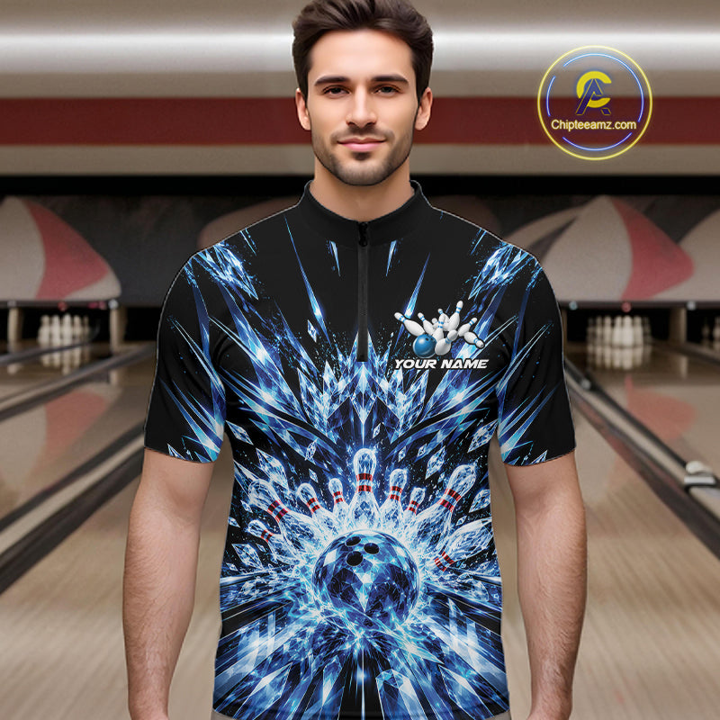 Custom Icy Blue Crystal Ice Bowling League Team Quarter Zip Shirt, Bowling Jersey