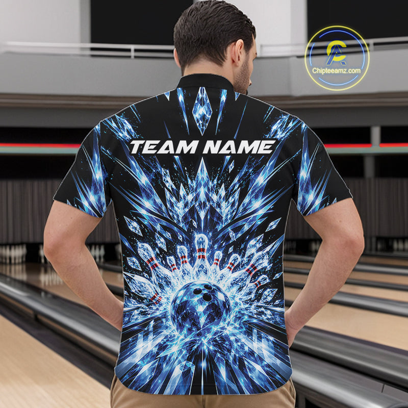 Custom Icy Blue Crystal Ice Bowling League Team Quarter Zip Shirt, Bowling Jersey