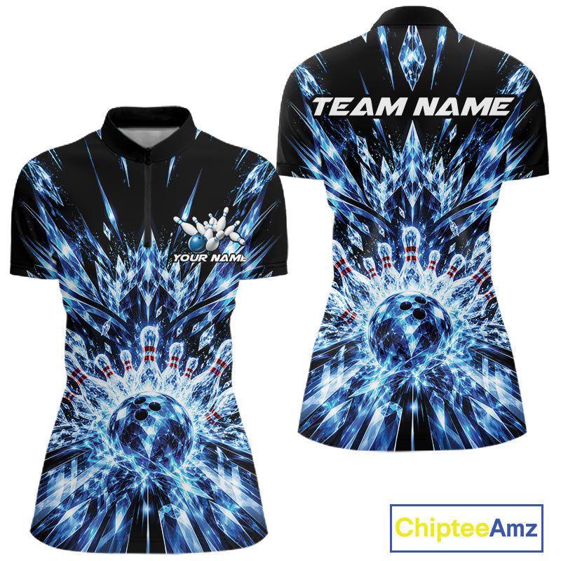 Custom Icy Blue Crystal Ice Bowling League Quarter-Zip Shirt, Bowling Jersey