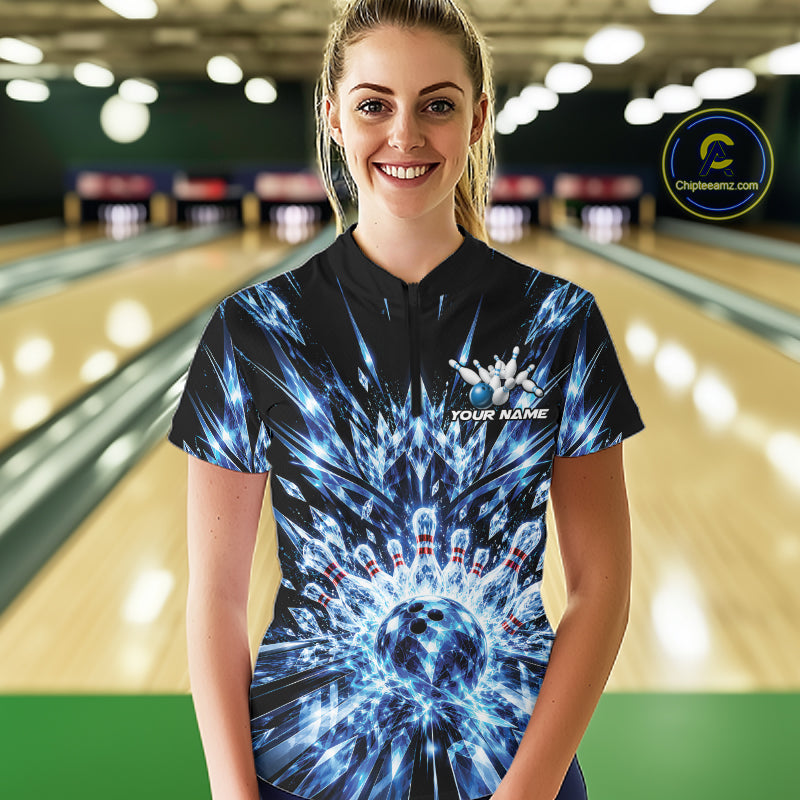 Custom Icy Blue Crystal Ice Bowling League Quarter-Zip Shirt, Bowling Jersey