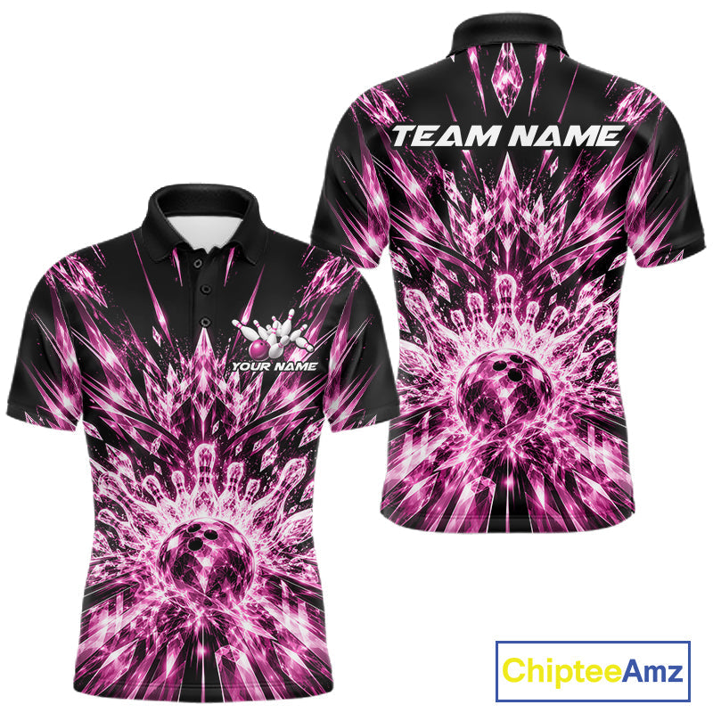 Custom Icy Pink Crystal Ice Bowling League Team Polo Shirt, Bowling Jersey