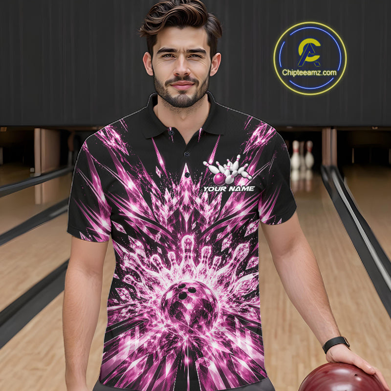 Custom Icy Pink Crystal Ice Bowling League Team Polo Shirt, Bowling Jersey