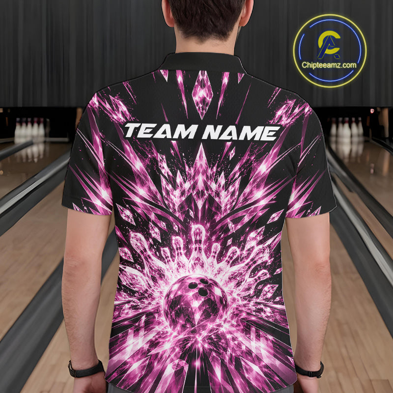 Custom Icy Pink Crystal Ice Bowling League Team Polo Shirt, Bowling Jersey