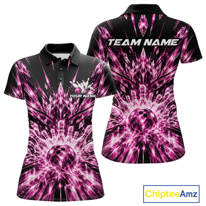 Custom Icy Pink Crystal Ice Bowling League Team Polo Shirt, Bowling Jersey