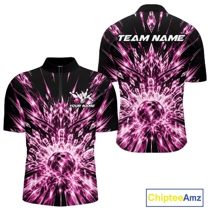 Custom Icy Pink Crystal Ice Bowling League Team Quarter Zip Shirt, Bowling Jersey