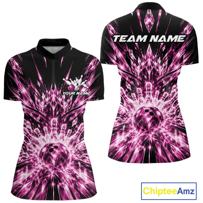 Custom Icy Pink Crystal Ice Bowling League Quarter-Zip Shirt, Bowling Jersey