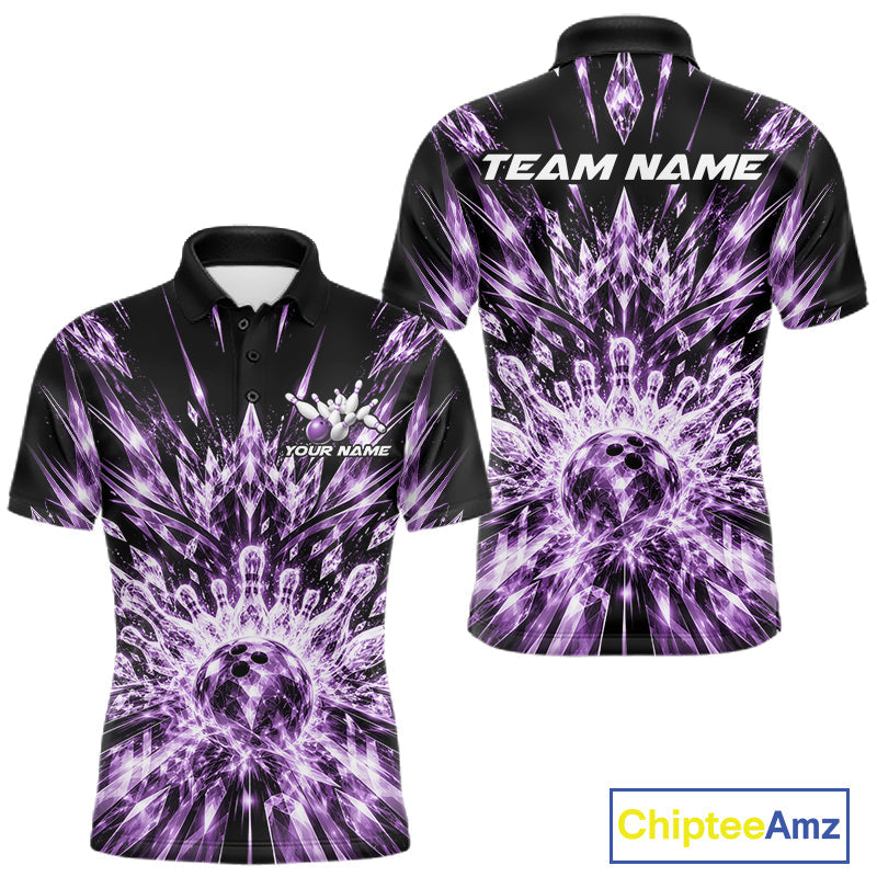 Custom Icy Purple Crystal Ice Bowling League Team Polo Shirt, Bowling Jersey