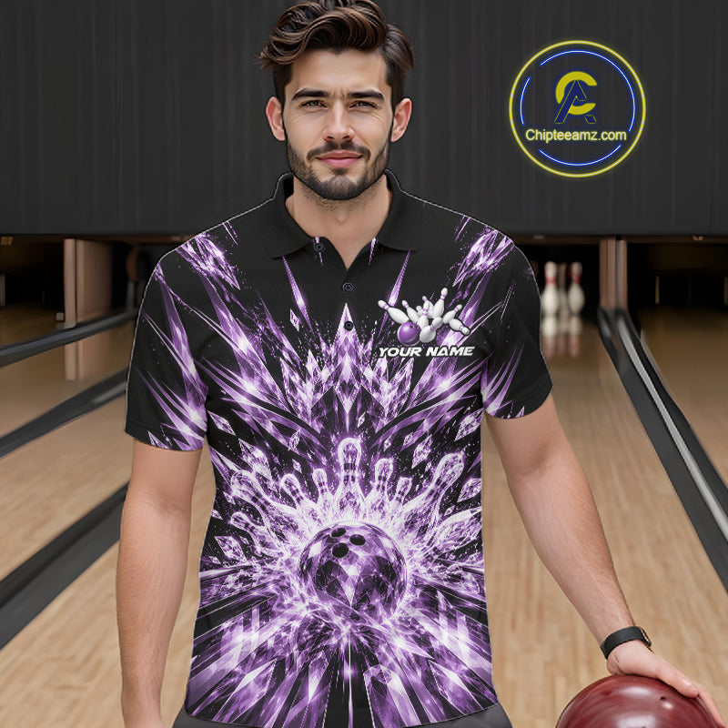 Custom Icy Purple Crystal Ice Bowling League Team Polo Shirt, Bowling Jersey