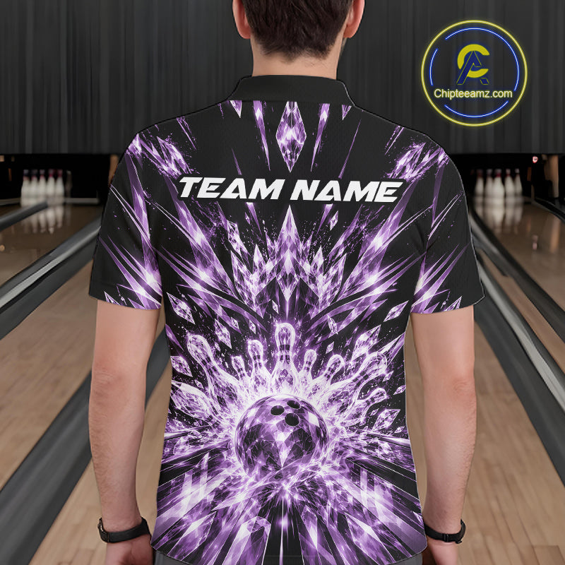Custom Icy Purple Crystal Ice Bowling League Team Polo Shirt, Bowling Jersey