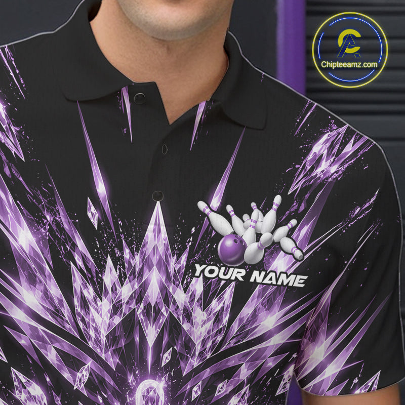 Custom Icy Purple Crystal Ice Bowling League Team Polo Shirt, Bowling Jersey