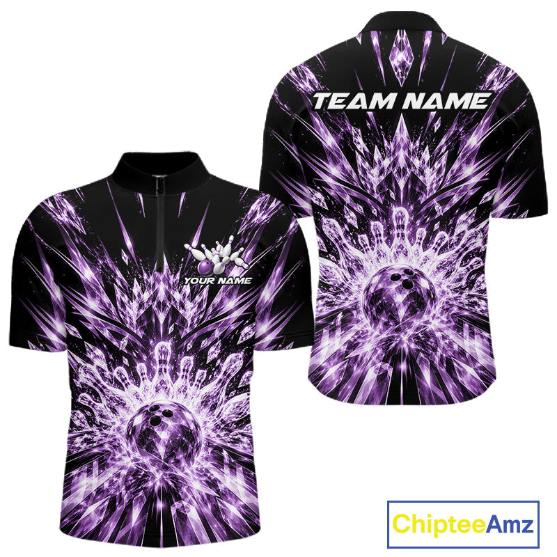 Custom Icy Purple Crystal Ice Bowling League Team Quarter Zip Shirt, Bowling Jersey