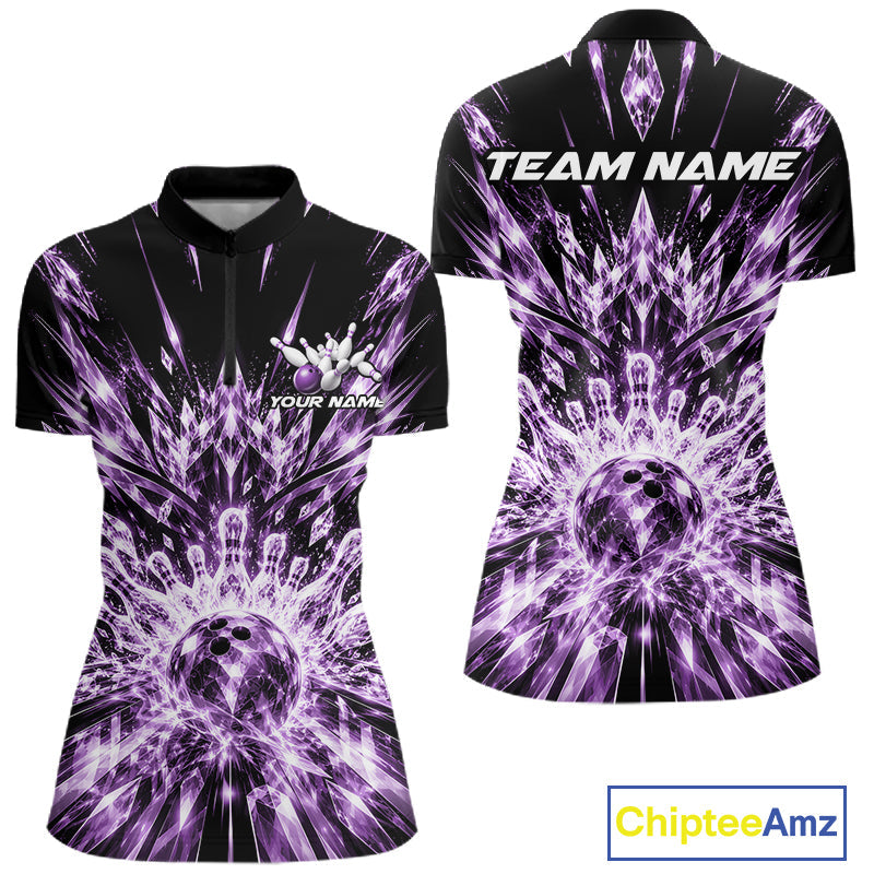 Custom Icy Purple Crystal Ice Bowling League Quarter-Zip Shirt, Bowling Jersey