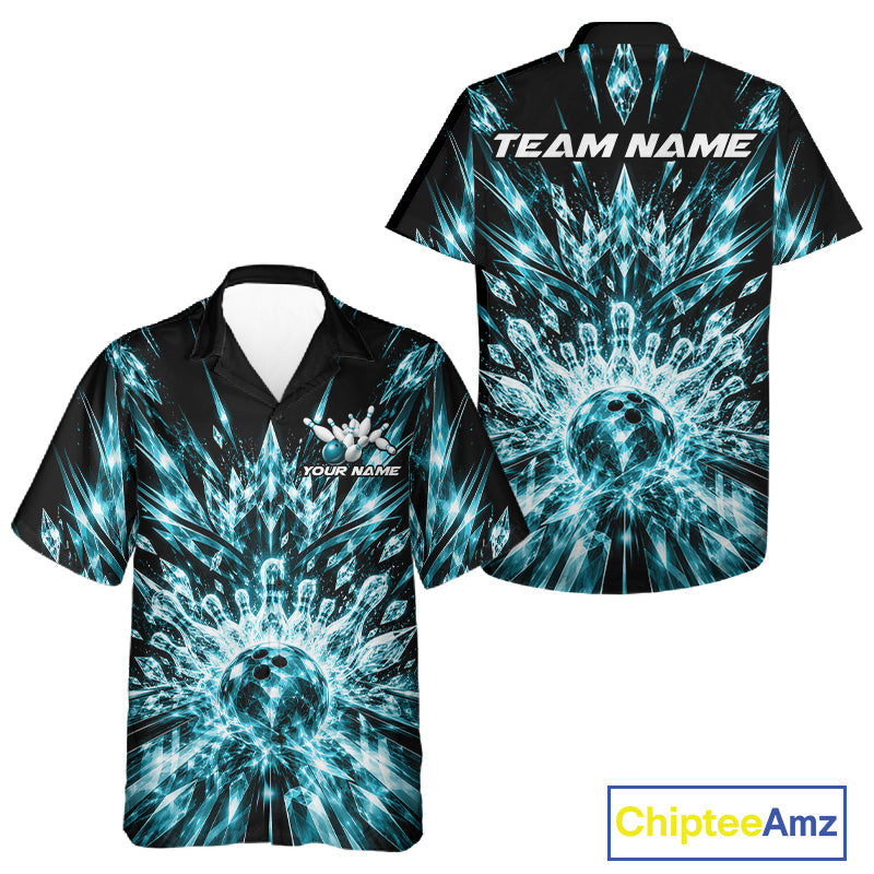 Custom Icy Cyan Crystal Ice Bowling League Team Button Up Shirt And, Bowling Jersey
