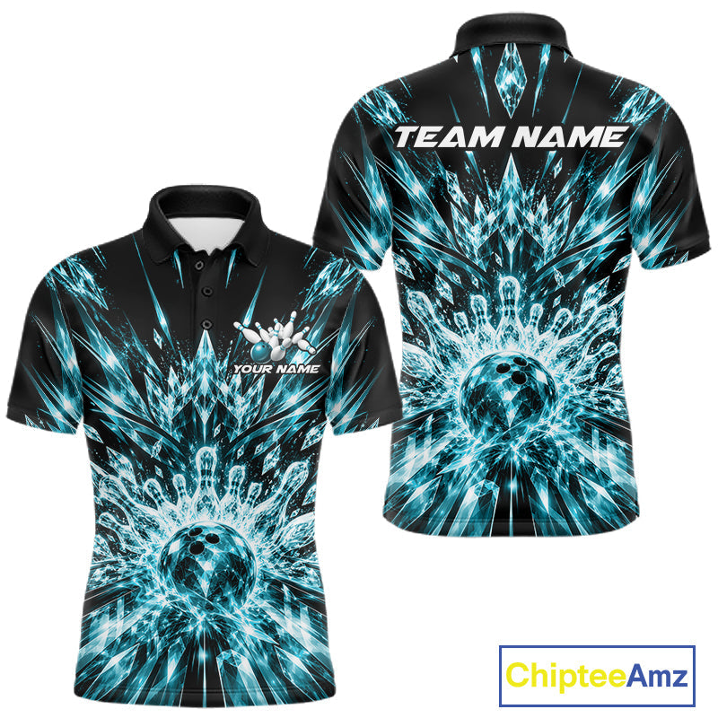 Custom Icy Cyan Crystal Ice Bowling League Team Polo Shirt, Bowling Jersey