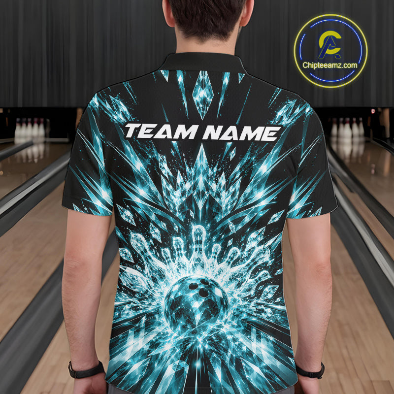 Custom Icy Cyan Crystal Ice Bowling League Team Polo Shirt, Bowling Jersey