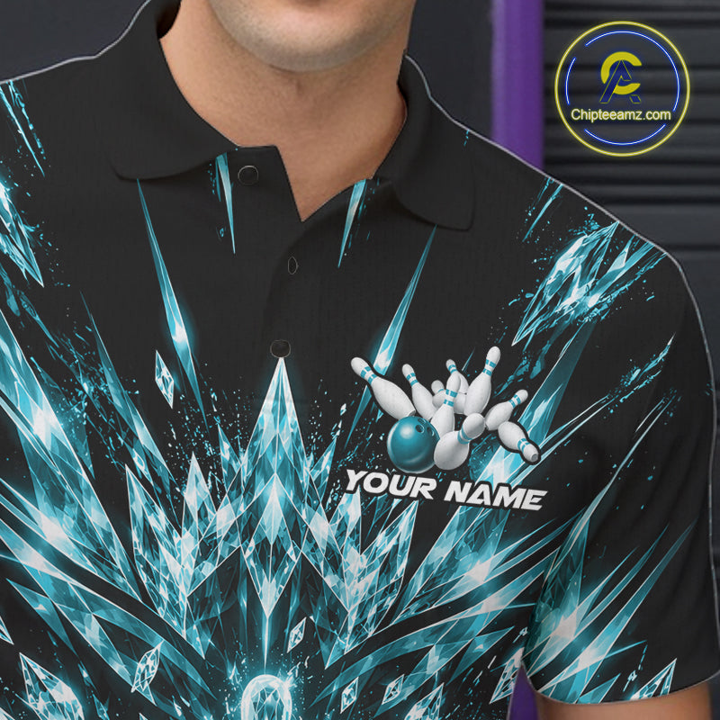 Custom Icy Cyan Crystal Ice Bowling League Team Polo Shirt, Bowling Jersey