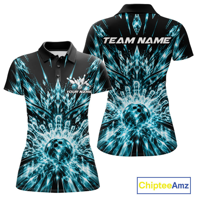 Custom Icy Cyan Crystal Ice Bowling League Team Polo Shirt, Bowling Jersey