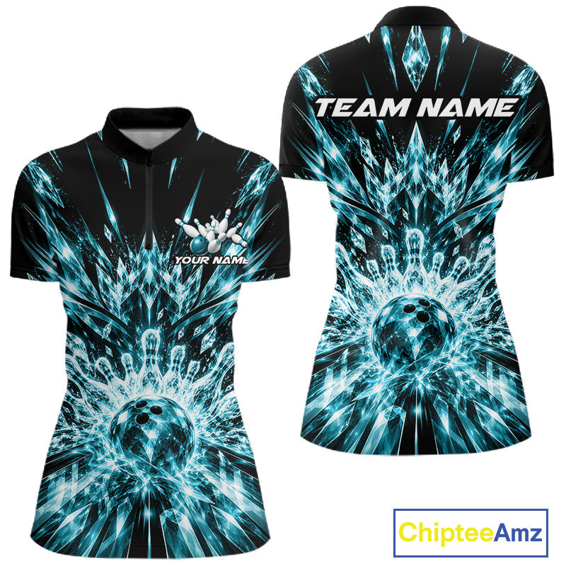 Custom Icy Cyan Crystal Ice Bowling League Quarter-Zip Shirt, Bowling Jersey