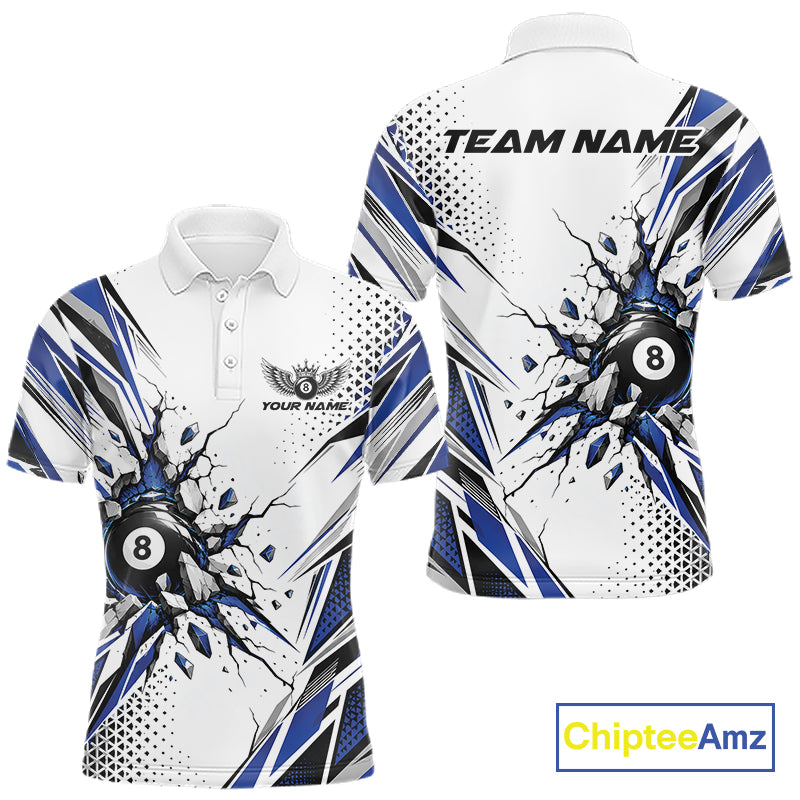 Custom White And Blue 8 Ball Billiard Jersey, Billiard Impact Polo Shirt Team Outfit