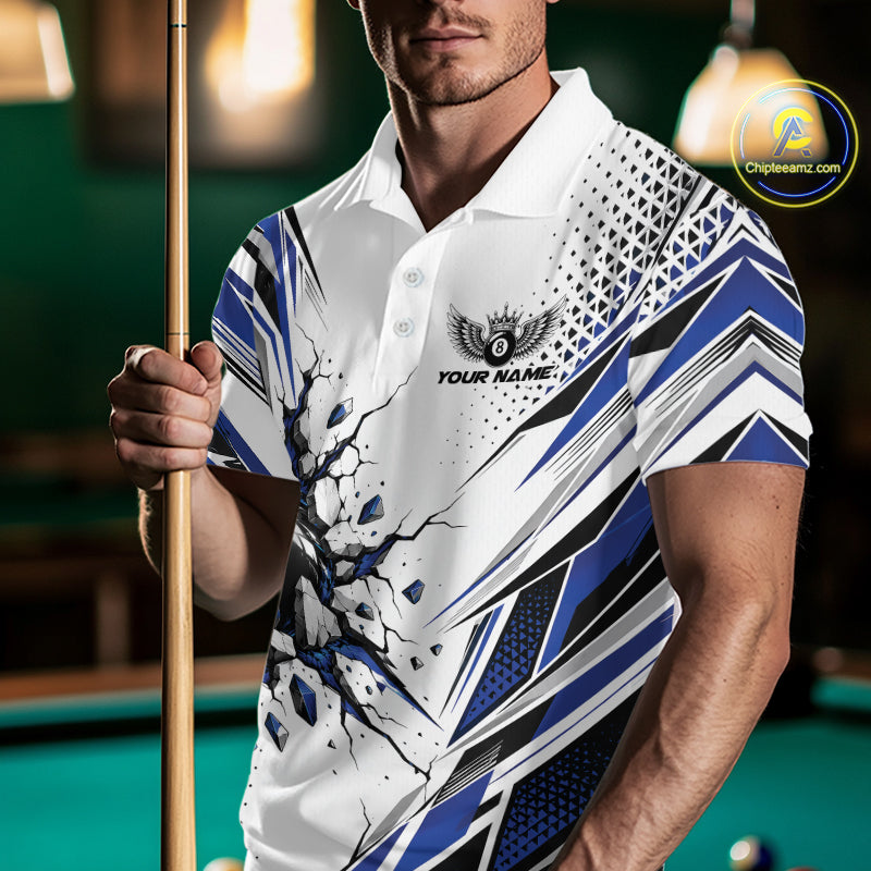 Custom White And Blue 8 Ball Billiard Jersey, Billiard Impact Polo Shirt Team Outfit