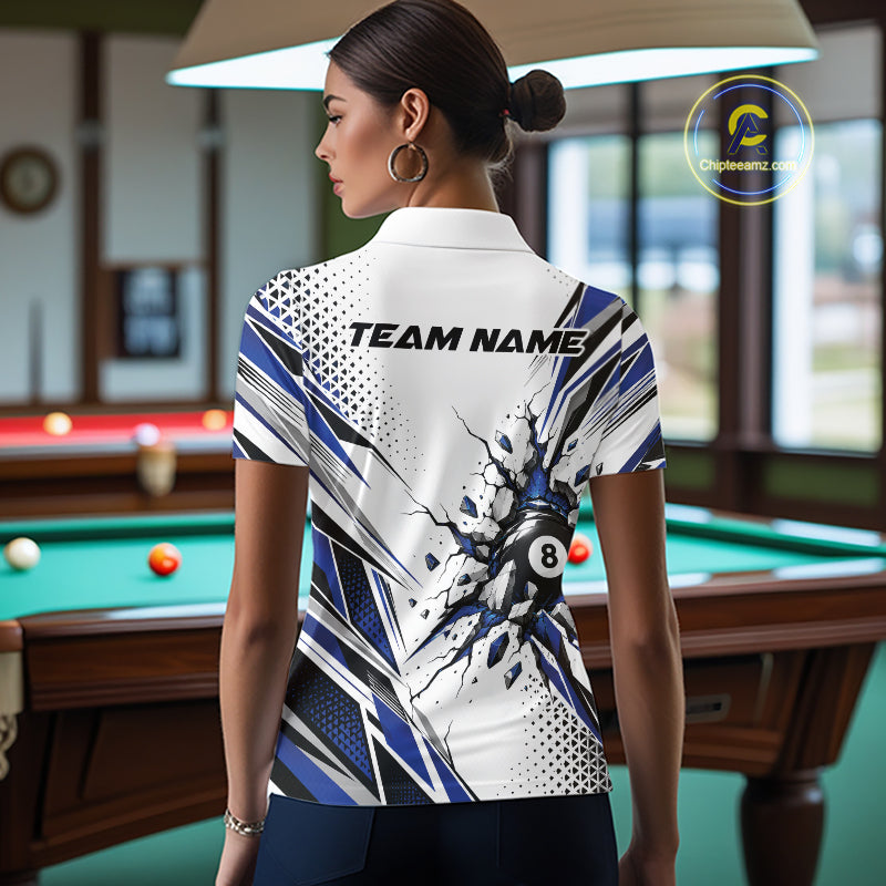 Custom White And Blue 8 Ball Billiard Jersey, Billiard Impact Polo Shirt Team Outfit