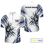 Custom White And Blue 8 Ball Billiard Jersey, Billiard Impact Quarter Zip Shirt Team Outfit