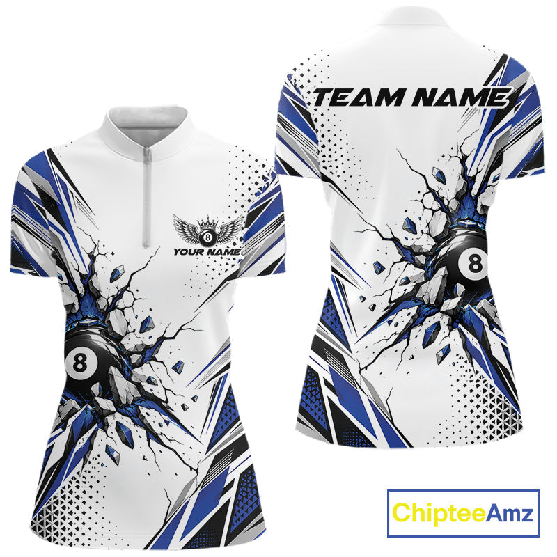 Custom White And Blue 8 Ball Billiard Jersey, Billiard Impact Quarter-Zip Shirt