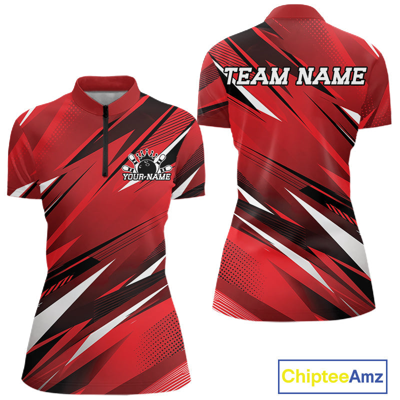 Custom Red Bowling Jerseys, Bowling Tournament Quarter-Zip Shirt Bowler Outfit