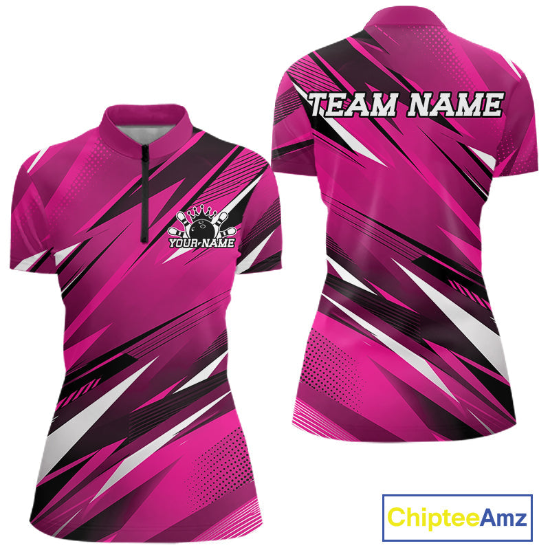 Custom Pink Bowling Jerseys, Bowling Tournament Quarter-Zip Shirt Bowler Outfit