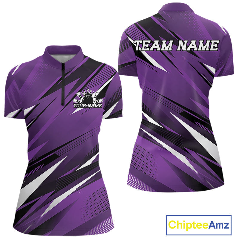 Custom Purple Bowling Jerseys, Bowling Tournament Quarter-Zip Shirt Bowler Outfit