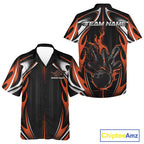 Custom Black And Orange Flame Bowling Team Jersey, Bowling League And Button Up Shirt