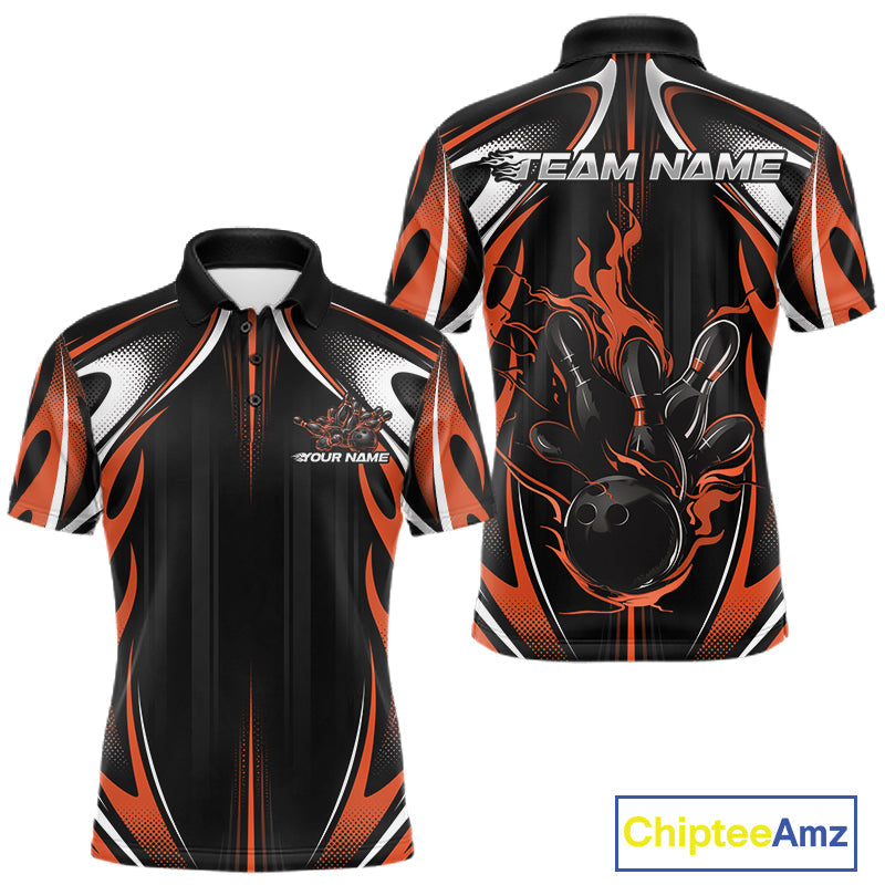 Custom Black And Orange Flame Bowling Team Jersey, Bowling League Polo Shirt