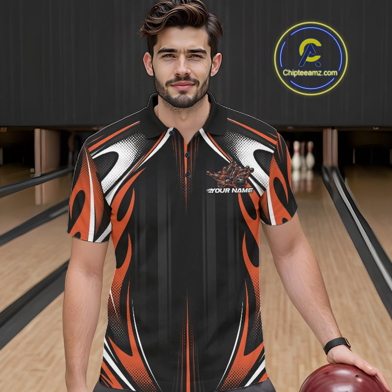 Custom Black And Orange Flame Bowling Team Jersey, Bowling League Polo Shirt