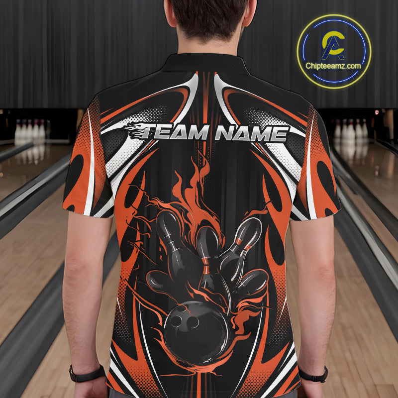 Custom Black And Orange Flame Bowling Team Jersey, Bowling League Polo Shirt