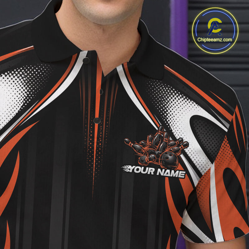 Custom Black And Orange Flame Bowling Team Jersey, Bowling League Polo Shirt
