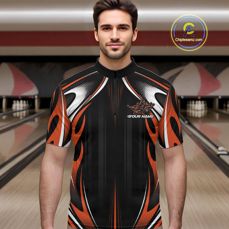Custom Black And Orange Flame Bowling Team Jersey, Bowling League Quarter Zip Shirt