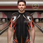 Custom Black And Orange Flame Bowling Team Jersey, Bowling League Quarter Zip Shirt