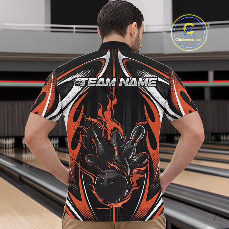 Custom Black And Orange Flame Bowling Team Jersey, Bowling League Quarter Zip Shirt