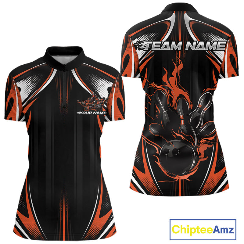 Custom Orange Flame Bowling Team Jersey, Bowling League Quarter-Zip Shirt