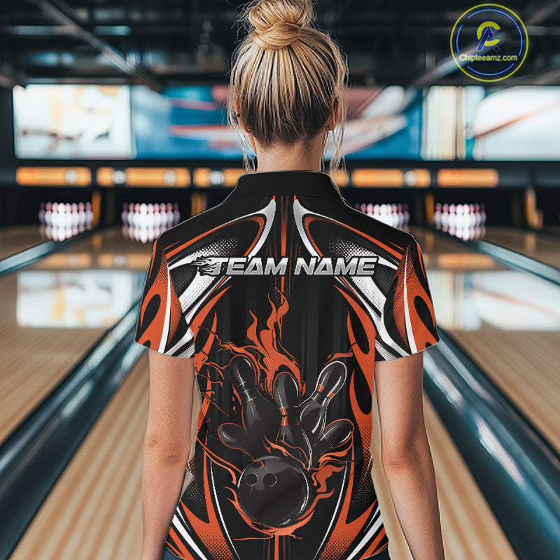 Custom Orange Flame Bowling Team Jersey, Bowling League Quarter-Zip Shirt