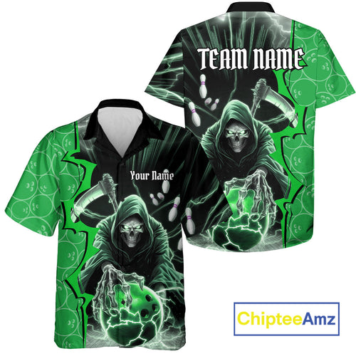 Custom Green Thunder Lightning Grim Reaper Bowling And Hawaiian Shirt, Halloween Bowler Outfit