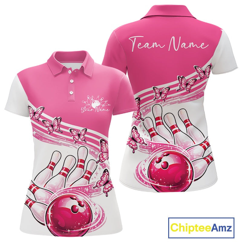 Custom Pink Butterfly Bowling Jerseys, Bowling Polo Shirt
