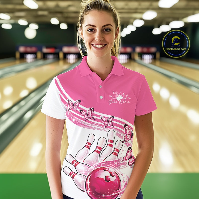 Custom Pink Butterfly Bowling Jerseys, Bowling Polo Shirt