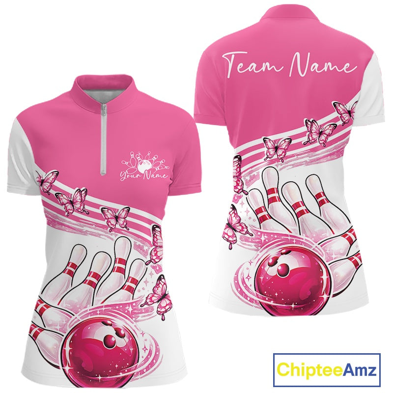 Custom Pink Butterfly Bowling Jerseys, Bowling Quarter-Zip Shirt