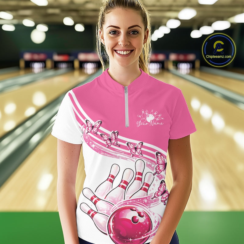 Custom Pink Butterfly Bowling Jerseys, Bowling Quarter-Zip Shirt