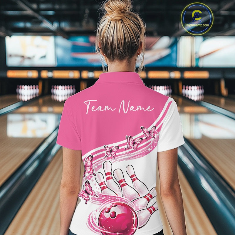 Custom Pink Butterfly Bowling Jerseys, Bowling Quarter-Zip Shirt