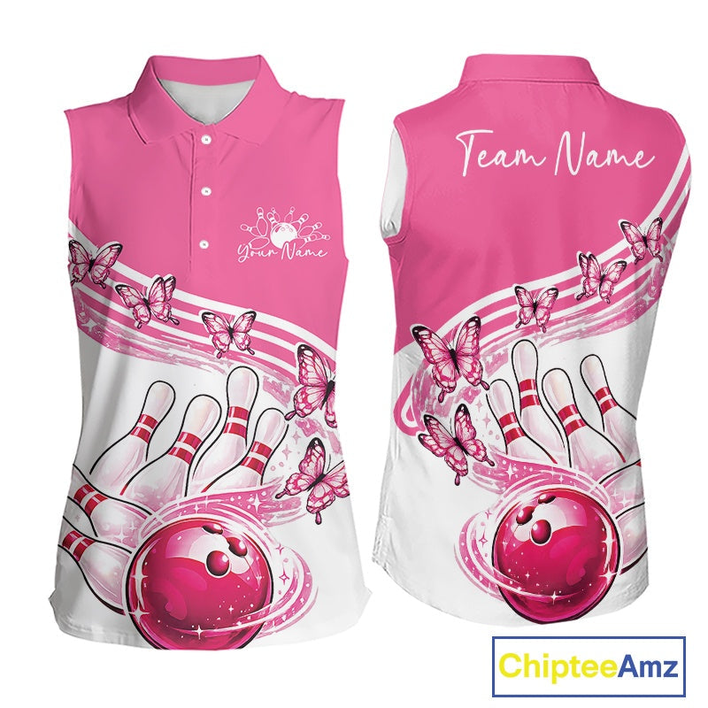 Custom Pink Butterfly Bowling Jerseys, Bowling Sleeveless Polo Shirt