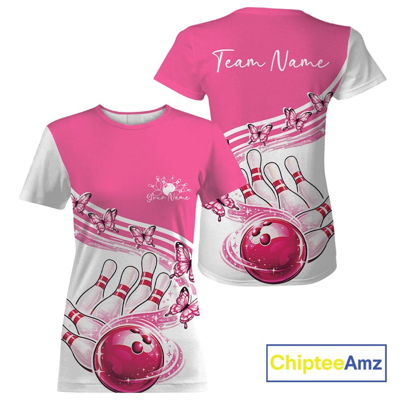 Custom Pink Butterfly Bowling Jerseys, Bowling T-Shirts