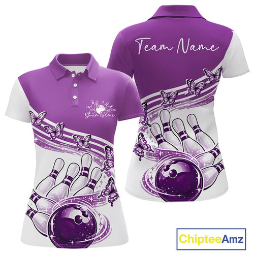 Custom Purple Butterfly Bowling Jerseys, Bowling Polo Shirt