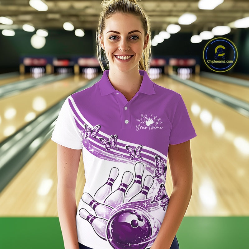 Custom Purple Butterfly Bowling Jerseys, Bowling Polo Shirt